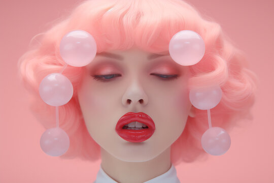 Classic pin-up model with a modern twist, surrounded by floating pink gum bubbles.