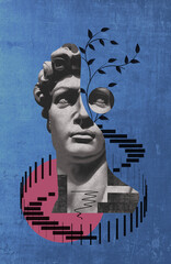 Collage with antique sculptures as human face in pop art style. Modern creative concept image with ancient statue head. Contemporary art poster