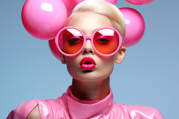 Vibrant pop art inspired female model with bubblegum balloons hair and oversized pink sunglasses.
