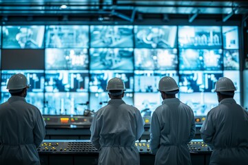 Engineers monitoring control panels at a nuclear power plant - obrazy, fototapety, plakaty