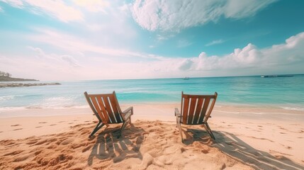 Beautiful beach. Chairs on the sandy beach near the sea. Summer holiday and vacation concept for tourism. Inspirational tropical landscape. - obrazy, fototapety, plakaty
