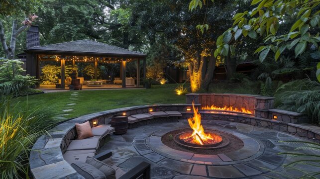 A backyard fire pit with surrounding seating for evening gatherings