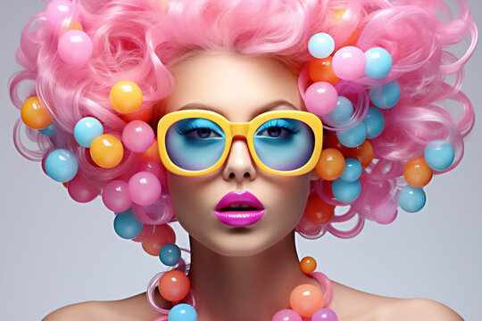 Vibrant portrait of a woman blowing multicolored bubble gum balloons, wearing large pink sunglasses