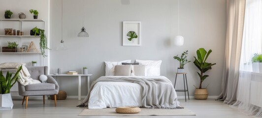 Elegant and cozy Scandinavian bedroom design with modern furnishings and plants