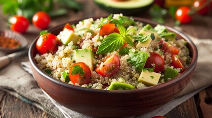 A bowl of quinoa salad with avocado and cherry tomatoes