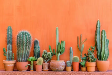 A row of cacti and succulents are arranged in a row on a wall