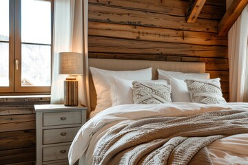 Cozy bedroom with wooden bedside cabinet and warm beige blankets