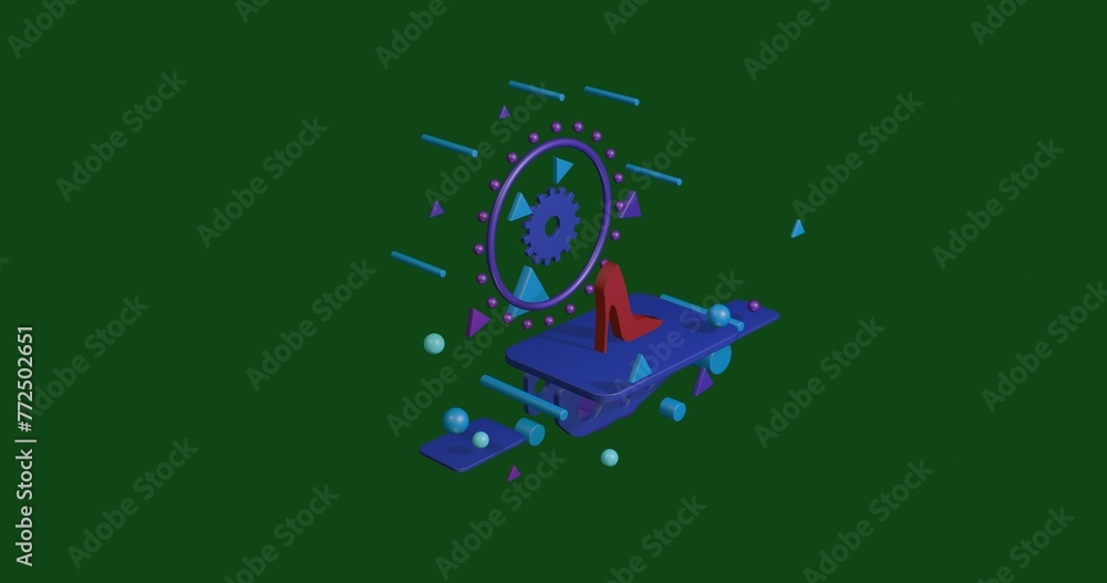 Poster red high heel shoe symbol on a pedestal of abstract geometric shapes floating in the air. abstract c