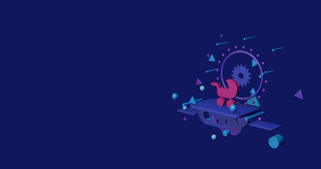 Pink baby carriage symbol on a pedestal of abstract geometric shapes floating in the air. Abstract concept art with flying shapes on the right. 3d illustration on indigo background