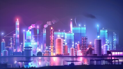 Oil refinery factory at night. Chemical warehouse with pipes and chimneys. Concept of pollution and gas prices.