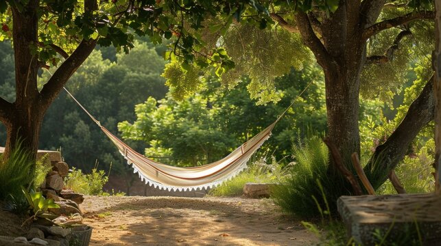 A hammock strung between two trees in a shady spot