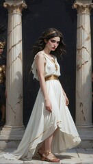 Beautiful young Greek woman with dark hair dressed in traditional ancient greek white attire