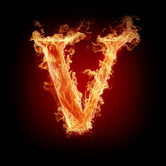 Letter V made of fire flames with sparks isolated on black background