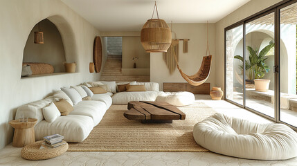 A minimalist boho living room with a neutral color palette and clean lines, punctuated by statement pieces such as a macrame hanging chair, a rattan pendant light, and a driftwood - obrazy, fototapety, plakaty