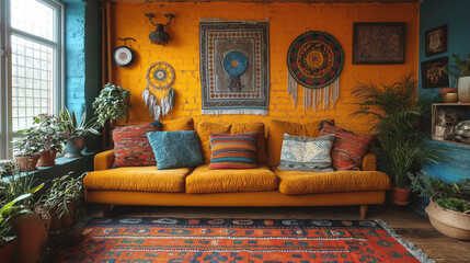 A maximalist boho living room bursting with personality, featuring layers of textiles, vintage finds, and whimsical decor items such as dreamcatchers, fringe wall hangings, and qui