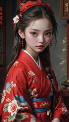 Beautiful asian woman wearing traditional red kimono