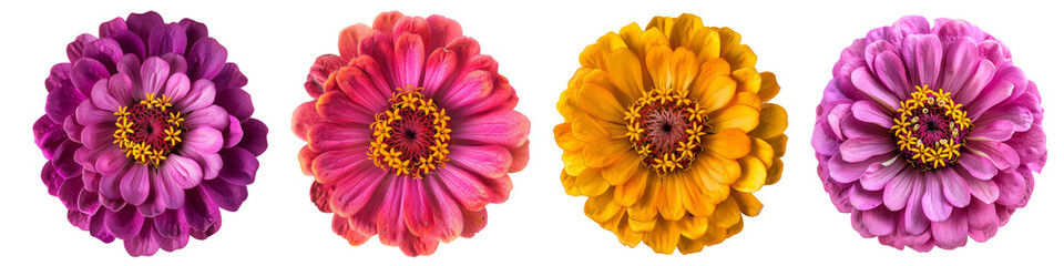 Collection of various zinnia single flower top view and cutout with isolated on white or transparent background