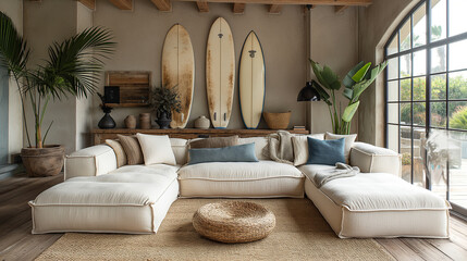 A boho-inspired living room with a laid-back California vibe, incorporating surfboards as wall decor, woven seagrass furniture, and a palette of sun-bleached neutrals and ocean-ins