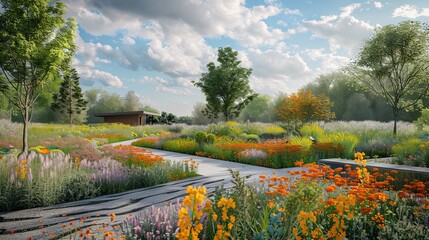 A vibrant public park filled with native plants and wildflowers