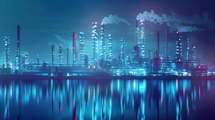 Oil refinery factory at night. Chemical warehouse with pipes and chimneys. Concept of pollution and gas prices.