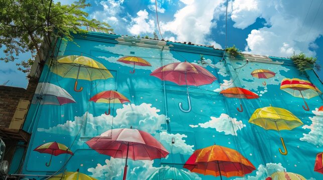 A whimsical street corner decorated with painted umbrellas and clouds