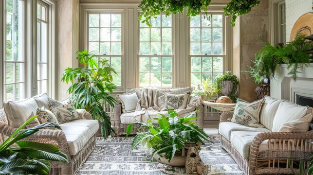 A sunroom adorned with plush furniture and lush green plants