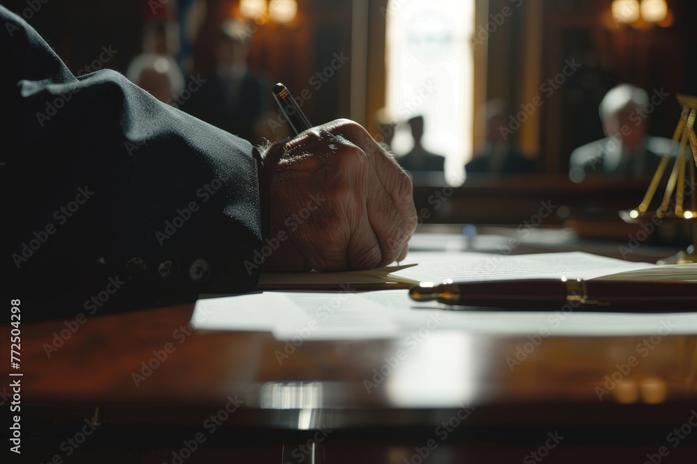 Aufkleber a man is writing on a piece of paper in front of a judge