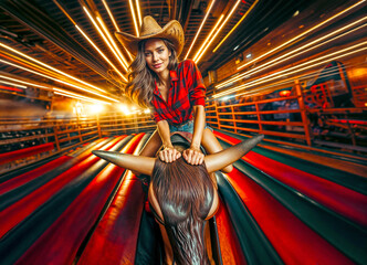 Brave woman wearing cowboy hat is sitting on a mechanical bull