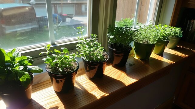 A sunlit indoor herb garden flourishing on a windowsill
