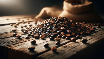 Roasted Coffee Beans Spilling from Burlap Sack onto a Rustic Wooden Table - obrazy, fototapety, plakaty
