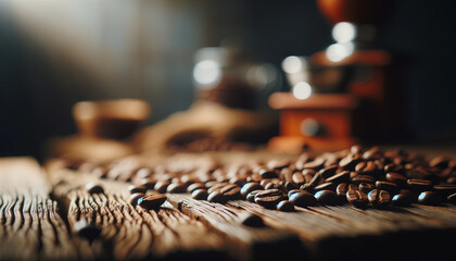 Artisanal Coffee Preparation - Roasted Beans and Grinder on a Wooden Table - obrazy, fototapety, plakaty