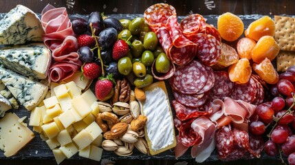 Artisanal cheese and charcuterie board with nuts and fruits - obrazy, fototapety, plakaty