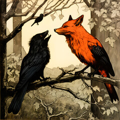 The Cunning Fox and the Suspicious Crow: A Classic Tale from Aesop's Fables Illustrated - obrazy, fototapety, plakaty