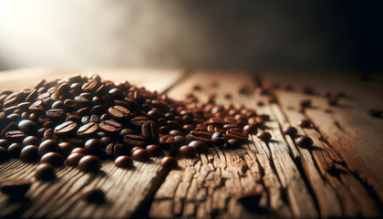 Warm Glow Over Roasted Coffee Beans on Rustic Wood - The Barista's Selection - obrazy, fototapety, plakaty