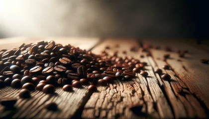 Foto op Plexiglas Warm Glow Over Roasted Coffee Beans on Rustic Wood - The Barista's Selection © Alexandru