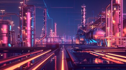 Oil refinery factory at night. Chemical warehouse with pipes and chimneys. Concept of pollution and gas prices.