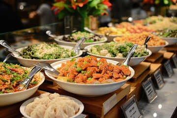 Chinese food display showcasing a variety of traditional and modern dishes, An array of Chinese cuisine featuring both traditional and contemporary dishes on display.