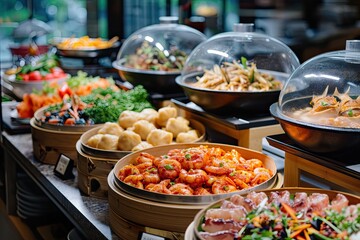 Chinese food display showcasing a variety of traditional and modern dishes, An array of Chinese cuisine featuring both traditional and contemporary dishes on display.