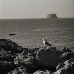 Vintage image of a seagull on the rocks on the coast. Generative AI