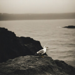 Fototapeta na wymiar Vintage image of a seagull on the rocks on the coast. Generative AI
