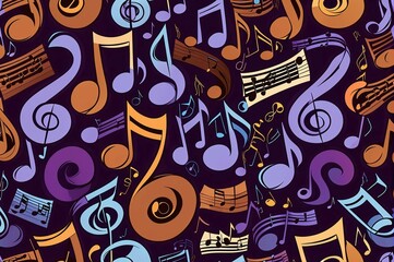 A colorful pattern of musical notes and symbols