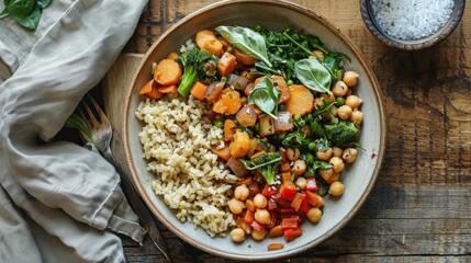 Chickpea and vegetable stir-fry with brown rice