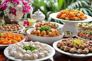 Chinese food presentation with traditional and modern dishes, A captivating display of Chinese...