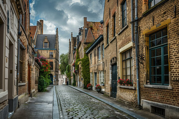 A narrow cobblestone street with a row of houses on either side