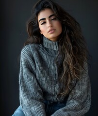 A woman with flowing long hair sits gracefully on a chair in a tranquil setting