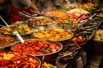 Colorful Indian food display featuring a variety of regional delicacies, A vibrant array of Indian cuisine showcasing a diverse selection of regional delicacies.