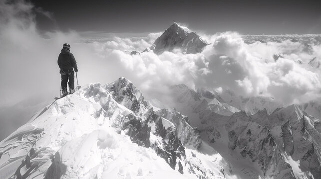 Climber on mountain peak with clouds and another peak in the background, black and white.