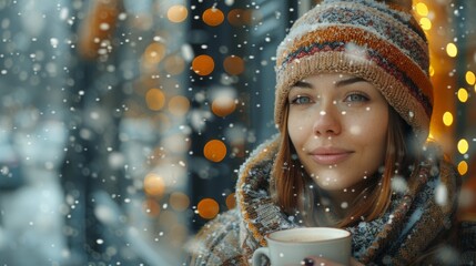 Woman Holding Coffee Cup in Snow