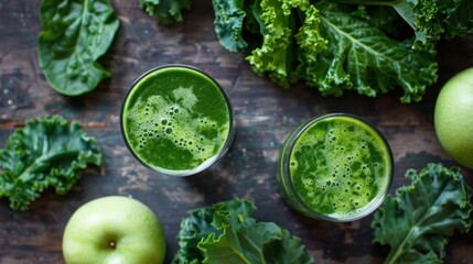 Fresh green juice with kale, spinach, and apple - obrazy, fototapety, plakaty
