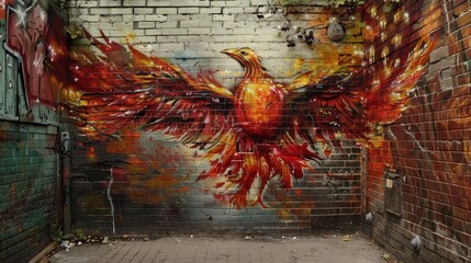 Graffiti art of a phoenix rising from ashes in an alleyway